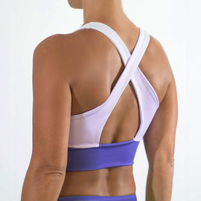 purple white sports bra